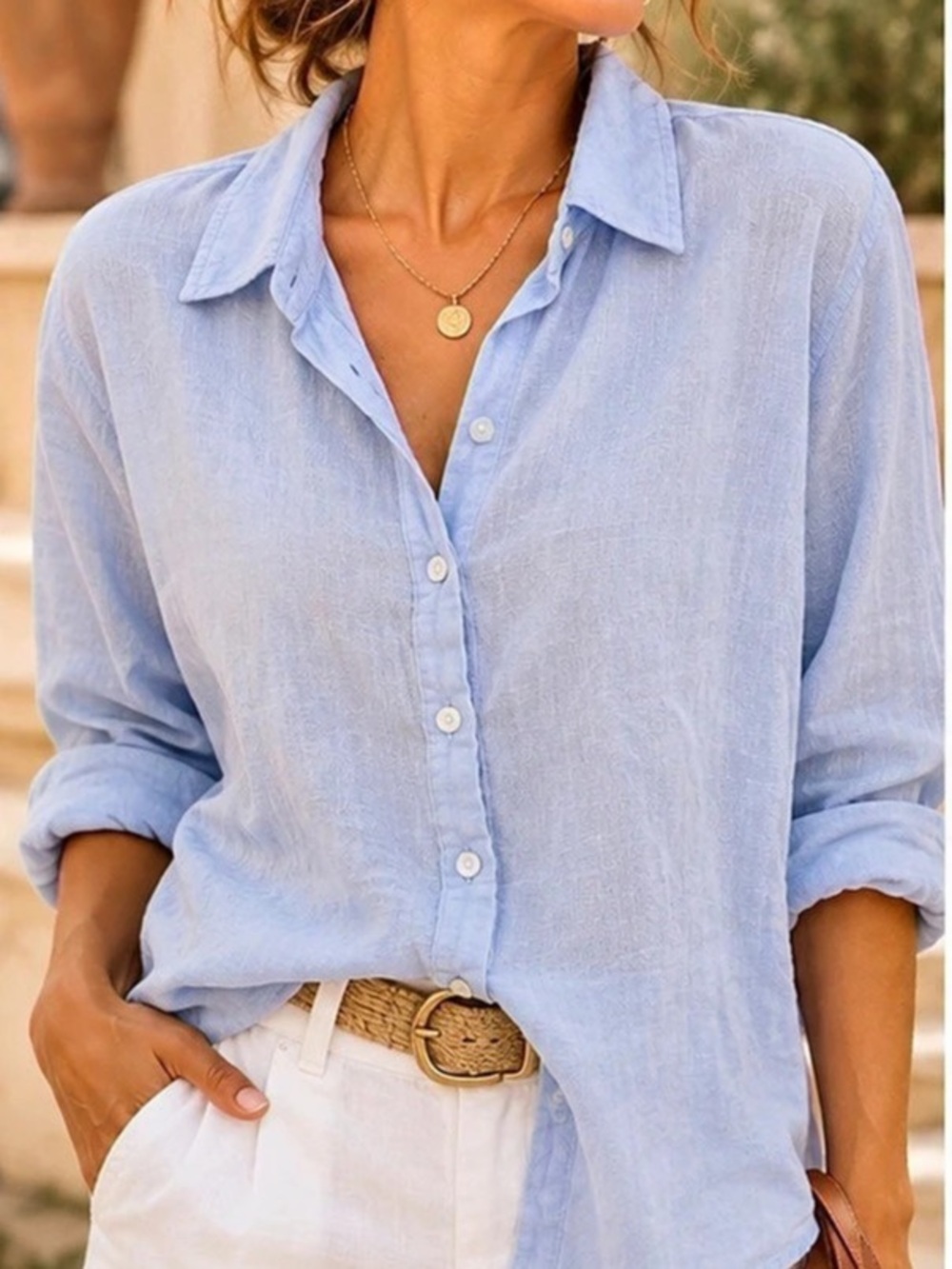 BLANKNYC Blue Linen Blend Button Down Shirt XL Coastal Relaxed